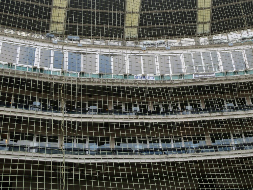 Looking up at Pressbox from behind Home Plate